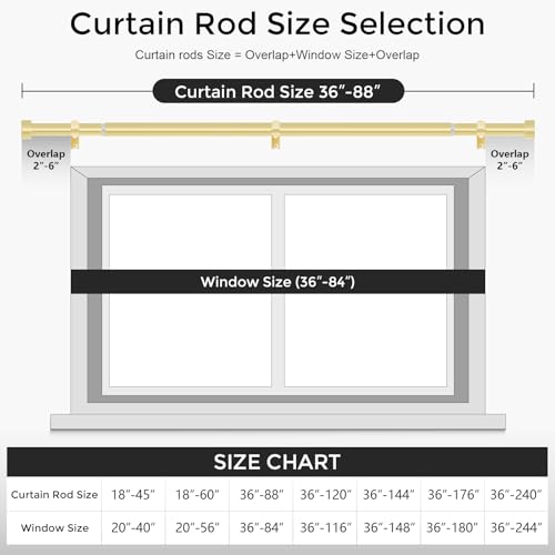 Gold Curtain Rods for Windows, 1" Diameter Drapery Rods with Modern Style End Cap Finials, Size:36-88 Inch