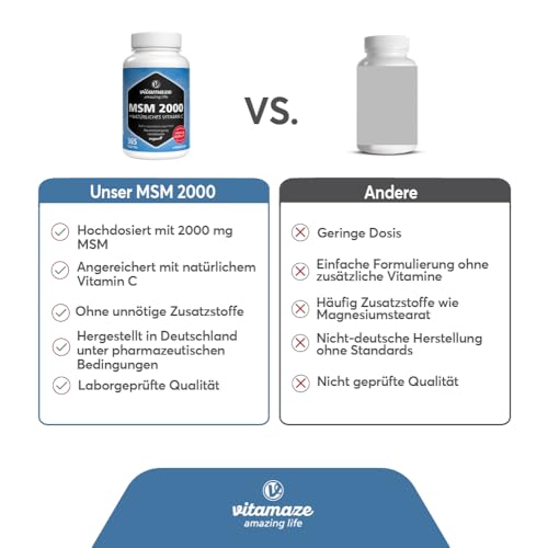 MSM 2000 mg + natürliches Vitamin C, 365 vegane Tabletten für 6 Monate, hochdosiert, 99,9% reines Methylsulfonylmethan, Nahrungsergänzung ohne Zusätze, Made in Germany