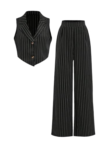 Floerns Girls 2 Piece Outfits Elegant Striped Sleeveless Suit Vest & Long Elastic Casual Pants Set Black and White 11Y