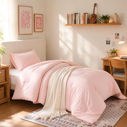 Image of weigelia Pink Comforter Twin Size, 2 Piece Twin Comforter Set with Pillowcase, Soft Microfiber Lightweight Comforter for Twin /Twin XL Bed, Solid Blush Pink Bedding Comforter for Girls Women Dorm Room