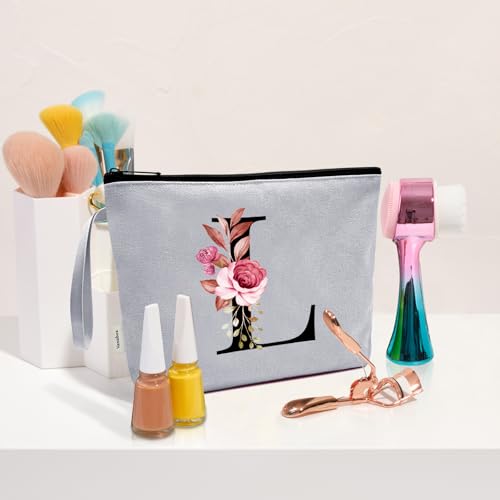 Image of Vavabox A-Z Personalized Makeup Bag, Birthday Gifts for Women Mom, Gifts for Best Friend, Bride Bridesmaid Cosmetic bag (L, Grey)