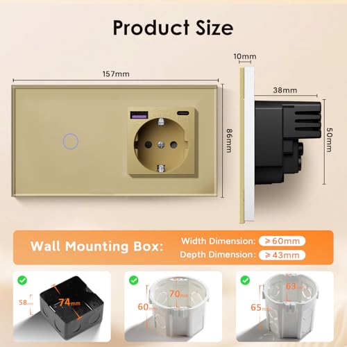 BSEED Touch Lichtschalter mit Steckdose Schuko Unterputz Steckdose mit USB C 20W Schnellladeger&auml;t USB Type C 1 Fach 1 Weg Wandsteckdose mit Glas Panel Geeignet f&uuml;r Phone, Pad, MP3 und mehr-Golden