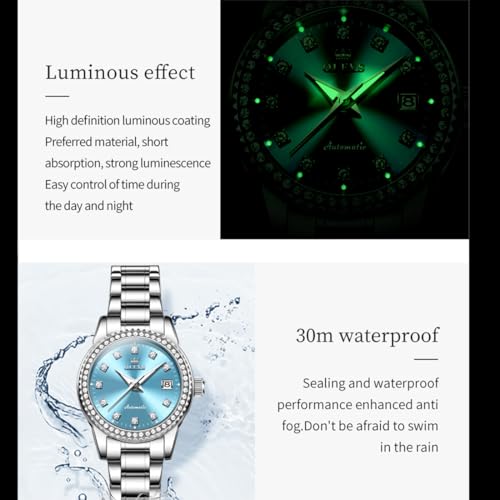 Image of OLEVS Womens Diamond Watches Automatic Mechanical Gold Luxury Dress Ladies Self Winding Original Stainless Steel Wrist Watch