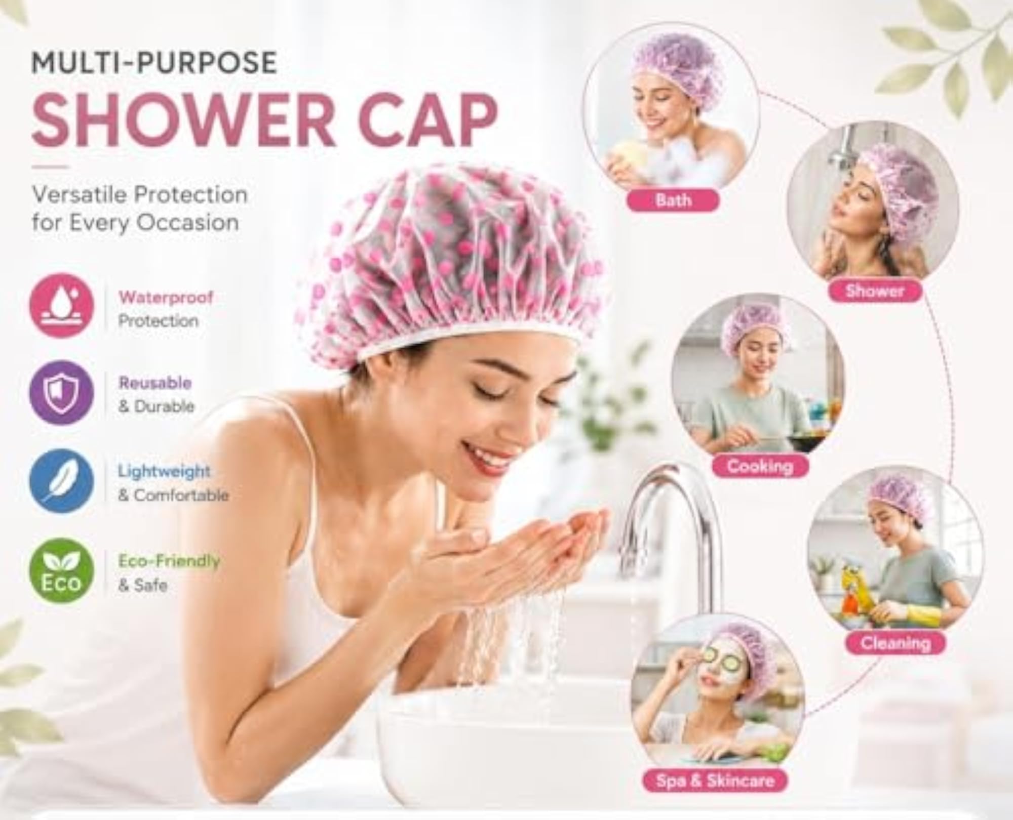 Shower Cap Set of 6 for Women, Reusable Waterproof