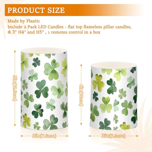 Image of St. Patrick's Day Lights Flameless Candles Patrick's Day Green Shamrock Leaves Pillar Candles Set of 2 Battery Operated Remote Control Warm Lights Home Decor