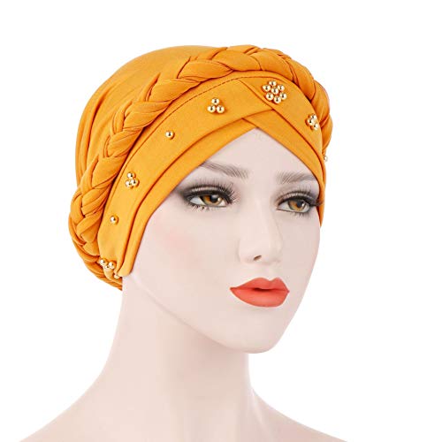 Fxhixiy Twisted Beading Braid Chemo Cancer Turbans Cap Hair Cover Wrap Turban Hats Headwear for Women Yellow - Thumbnail 2