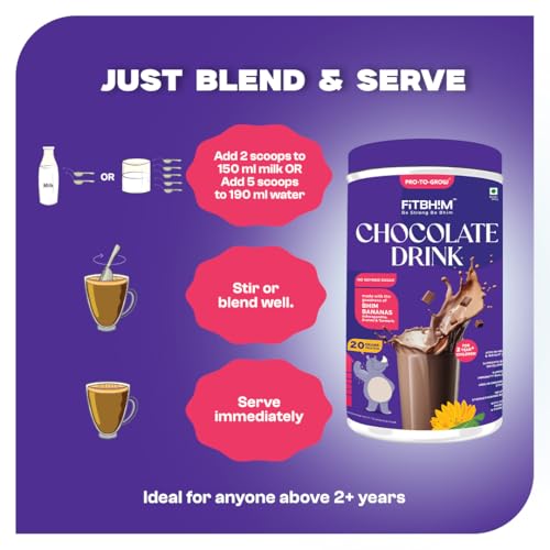 Image of ProToGrow Fitbhim Chocolate Nutrition Drink Powder for kids 2+ Years - 200g | Belgian Chocolate Flavor | Bhim Banana, Brahmi, Ashwagandha & DHA | Supports Height, Weight & Immunity