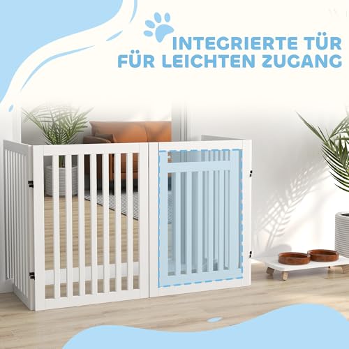 PawHut Absperrgitter Hund Freistehendes Treppengitter mit Füßen Holz 240 x 81 cm Hundegitter Schutzgitter Treppenschutzgitter für Treppen, Türen, Türschutzgitter für Küche, Flur, 4 Paneelen, Weiß