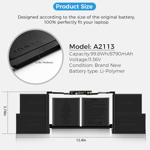 Image of A2113 Battery,A2141 Battery Replacement for MacBook Pro 16 Inch A2141 Retina Series (Year 2019 2020) EMC 3347(Upgraded High Performance 8790mAh 11.36V 98.8Wh)