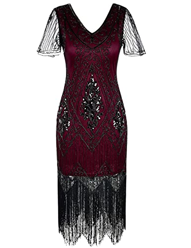 PrettyGuide Women's 1920s Dress Art Deco Cocktail Dress Short Sleeve XL Burgundy