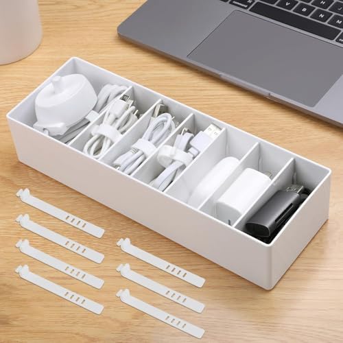 PAVSTINE Datenkabel-Organisator Klein 1 Stück Kabelbox Weiß mit Verstellbaren Fächern, Kabel Organizer mit 7 Kabelbindern zur Aufbewahrung von Schreibwaren, Batterien und Ladekabeln