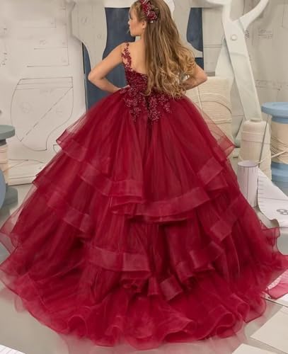Girls Flower Girl Dress for Wedding Tiered Princess Pageant Dresses Lace Applique Kids Birthday Party Prom Ball Gown3