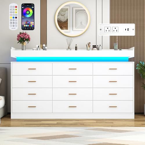 Image of Hlivelood 12 Drawer Dresser with LED Light and Charging Station, 70 inch Modern Chest of Drawers for Closet, Wide Drawer Organizer Cabinet for Bedroom, Living Room, Entryway, Hallway, White