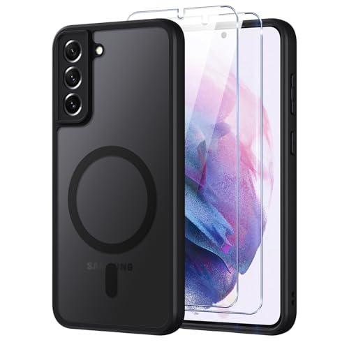 Oelrstfe Coque pour Samsung Galaxy S21 5G Compatible avec MagSafe avec 2 Verre Trempé, Magnétique Etui Translucide Mat Arrière Housse, Protection D'objectif Ultra...