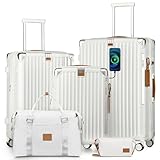 Joyway 5 Piece Luggage Set with Cup Holder, Expandable 25% Capacity, Includes Handbag, Anti Slip Wheels, Hook, Smart Carry On Suitcase for Men and Women, Spinner Travel White