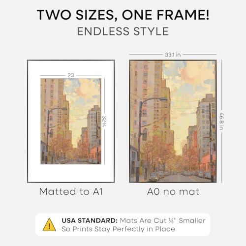 Image of Homeforia A0 Black Poster Frame, High-End Metal, A1 Mat, Glass | High End Aluminum, Tempered Glass, Acid-Free A1 Removable Mat, A0 Edge-to-Edge Display, Wall Kit, Set Of 1