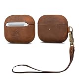 AirPods 3 Leather Case Cover with Hand Strap, MAOGOAM Genuine Vintage Oil Wax Crazy Horse Cowhide Le