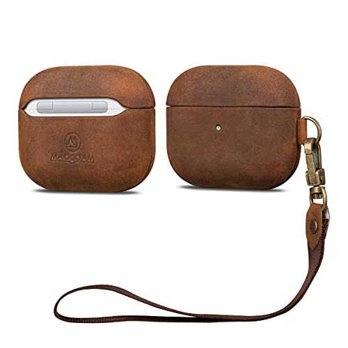 Airpods 3 Leather Case Cover With Hand Strap, Maogoam Genuine Vintage Oil Wax Crazy Horse Cowhide Leather Case For Apple Airpods 3Rd Generation 2021, Handcrafted Fully-Wrapped, Dark Brown Lanyard #TOP20