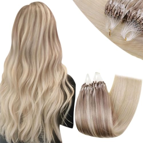RUNATURE Human Hair Micro Beads Extensions 22 Inch Balayage Ash Blolnde Mix Light Blonde to Platinum Blonde Long Micro Loop Human Hair Extensions Remy Micro Beads Hair Extensions Straight 50g 50s
