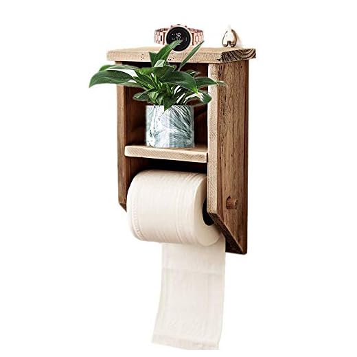 Byher Rustic Toilet Paper Holder with Shelf, Wooden Bathroom Accessories for Farmhouse Decor (Rustic Wood - 11Inch)