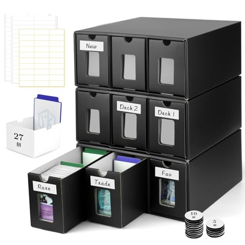 Yotakala ストレージボックス トレカ 大容量 6900枚以上収納 紙製 引き出し式 カードケース 27個カード仕切りボックス付き– ポケカ 遊戯王 野球カード デュエマ MTG TCG対応(3段（9引き出し）)