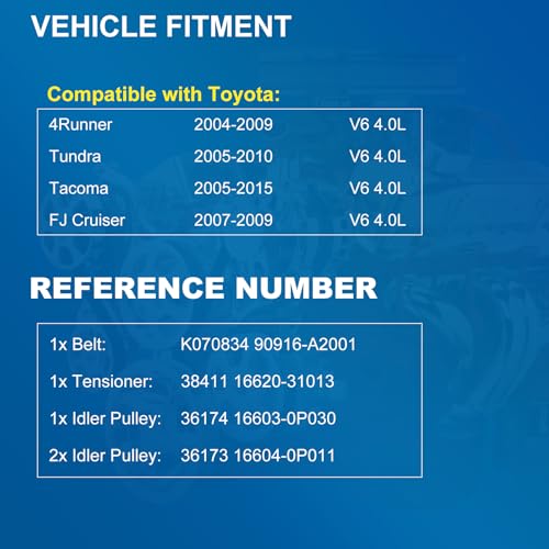 Image of Serpentine Belt Drive Component Kit with Tensioner & Idler Pulley, Fit Toyota 4Runner 2004-2009, Tacoma 2005-2015, Tundra 2005-2010, FJ Cruiser 2007-2009, V6 4.0L, Replace 90K-38411