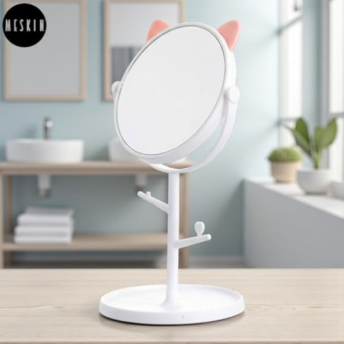 Image of MESKIN Cute Cat Ear Vanity Makeup Mirror with Storage Tray and Jewelry Holder Stand, 360 Desktop Swivel Dressing Table Mirror for Girls, Teens, Dorm Room, Bathroom Mirror (Pack of 1, White)