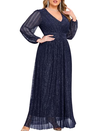 ZOMVA Plus Size Maxi Formal Dress Sparkly V-Neck A-line Puff Sleeves Evening Gown Cocktail Prom Lace, Navy Blue, 1X