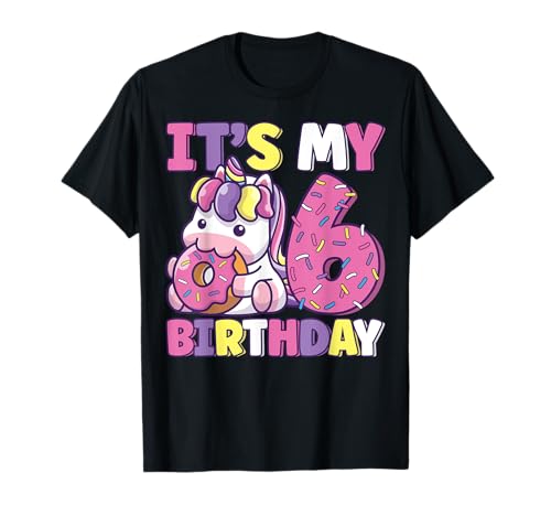 Fiesta de cumpleaños de It's My 6th Birthday Party, unicornio con diseño de donut para niñas Camiseta