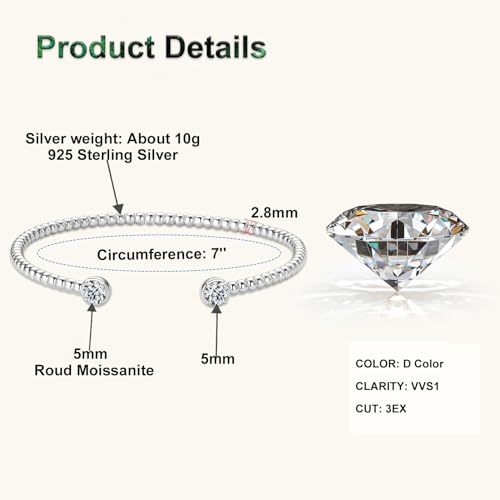 Moissanite Cuff Bracelet, 1.0cttw D Color VVS1 Clarity Bracelet fit 7" Below Wrist, 925 Silver Open Bangle for Women, Wife, Ladies Birthday Gifts3