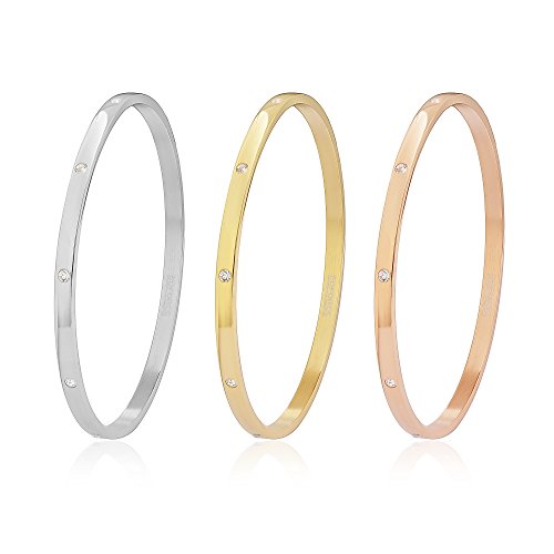 Edforce Stainless Steel Women's Stackable Set Of 3 Cz Cubic Zirconia Bangles Bracelets (Tri-Color, 8.5") #TOP3