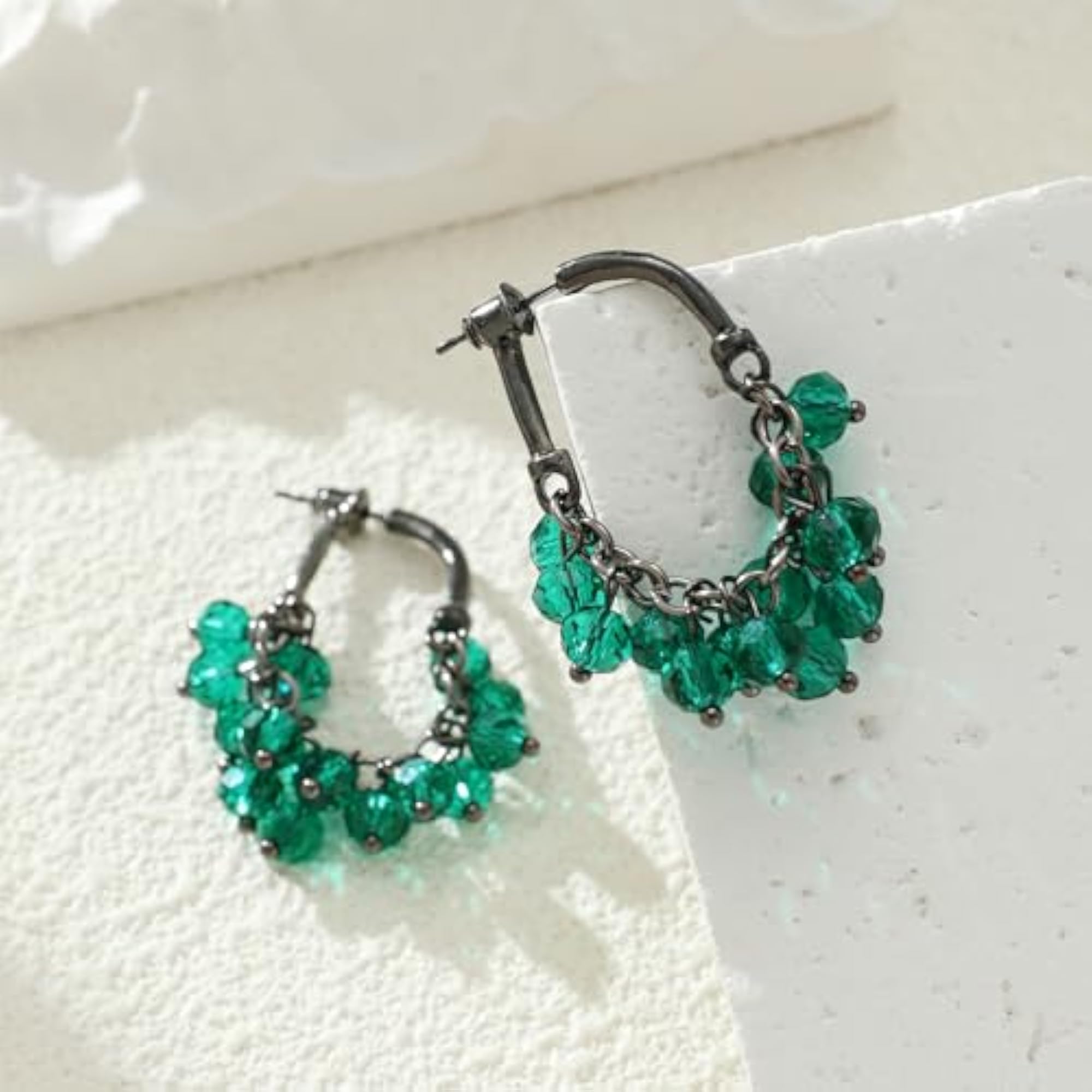Women's Green Crystal Beaded Long Tassel Earrings, Elegant Style