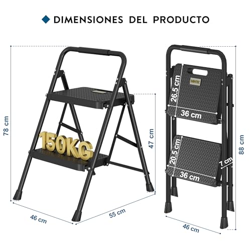 Miniatura 5 de Bontec Escaleras Plegables De 2 Escalones, Capacidad De 150kg Con Pedales Antideslizantes Anchos, Taburete Escaleras De Mano De Acero, Manubrio De Esponja, Uso En Interiores Y Exteriores, Negro