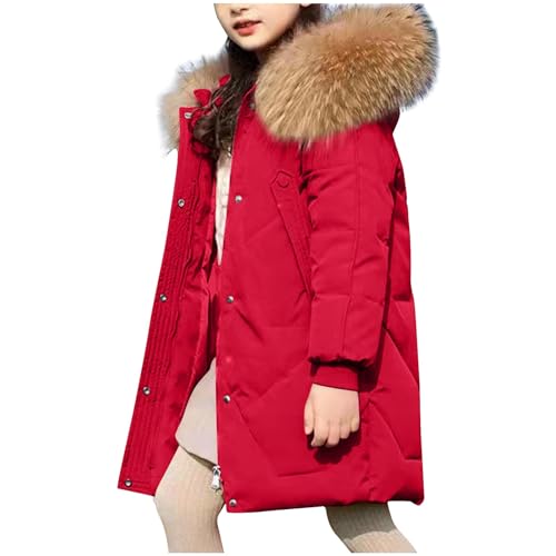Girls Parka Jacket with Fur Hood, Long Hooded Puffer Coat Winter Warm Padded Windbreaker Overcoat 8-14 Years