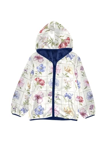 Watercolor Flower Plaid Girls Fleece Jacket Girls Fall Jacket Boys Coats Zip Up Hoodie Children Outerwear 2-10T