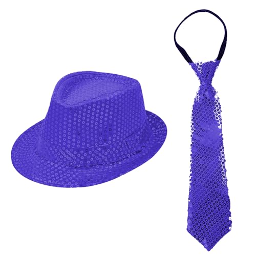 Sternfabrik Cravate à paillettes et chapeau Trilby en kit pour homme, femme, enfant, carnaval, tenue à paillettes, discothèque, Violet, taille unique