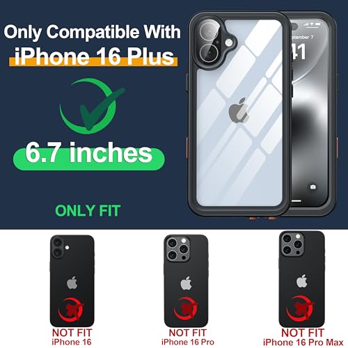 ANTSHARE for iPhone 16 Plus Case, IP68 Underwater Built-in Screen Protector, [12 FT Military Drop Proof] [Full Body Shockproof] [Snowproof] Phone Case for iPhone 16 Plus 6.7''- Black/Clear by ANTSHARE - Image 2