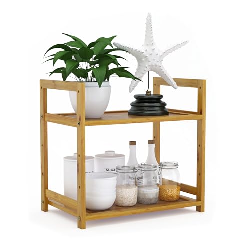 FEXPLENDID estantería almacenamiento cocina, mueble de baño bambú, 35,5 x 35 x 24 cm, cocina accesorios, almacenamiento especias, estante almacenamiento madera para salón, oficina (B-2tier35)