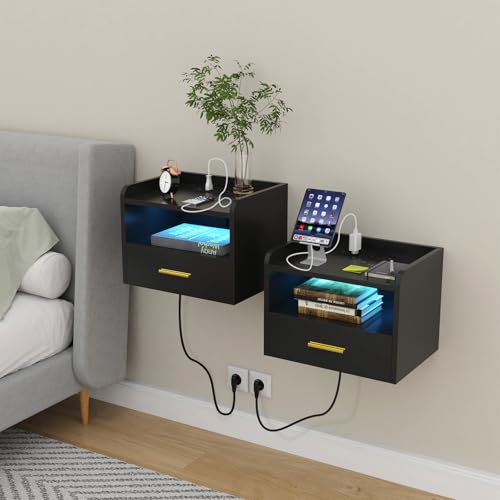 HaodaCulture Mesita de Noche Flotante, Juego de 2, Mesilla Dormitorio con Enchufe y Tiras de luz, 2 Tomas CA, 2 Puertos USB, Mesa de Noche con Cajón para Dormitorio Salón 40x30x30 cm