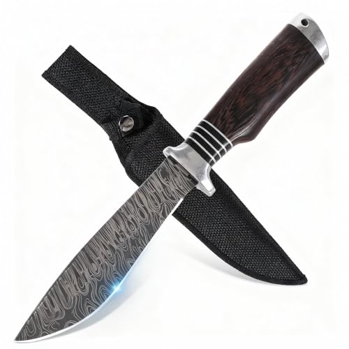 Couteau Outdoor 27cm – Lame Légèrement Courbée avec Motif Damas, Garde Classique en Acier Inox avec Contrepoids, Poignée Multicouche en Bois Exotique et Résine Noire, Compagnon Élégant pour la Nature