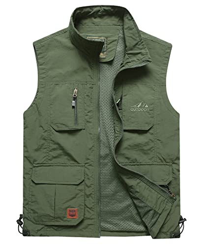 Yukirtiq Hombre Chaleco de Pesca Ligero Chaleco Sin Mangas de Secado Rápido Transpirable Chaleco de Trabajo con Bolsillo Múltiple para Senderismo Caza, Verde, XXL