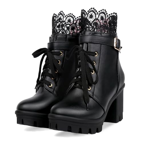 BEAUPAS Black Ankle Boots Goth Boots for Women Chunky Platform Boots Lace Up Heels Closed Toe Heeled Booties Block Heel Boots Cosplay Shoes(Black,10.5)
