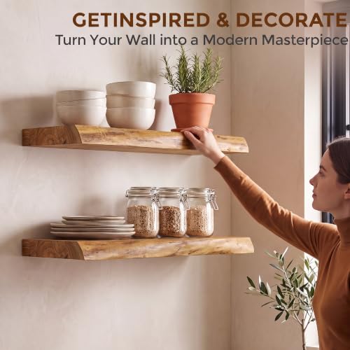 Image of Fun Memories 18 inch Wall Mounted Floating Shelves, Natural Elm Wood, 2 Pack