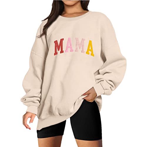 Boutikome Mama Sweatshirt Women Funny Mama Letter Print Graphic Mom Life Long Sleeve Crewneck Pullover Shirt Loose Tops(Apricot-16,Xxl) #TOP14