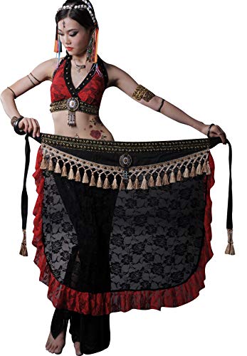ZLTdream Women's Tribal Lace Belly Dance Bra Top and Tassel Hip Scarf 2pcs/set Red