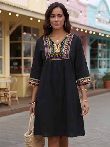 Image of LauraKlein Mexican Embroidered Dress for Women Plus Size Boho 3 /4 Sleeve Summer Dresses Fiesta V-Neck Casual Vacation Clothes