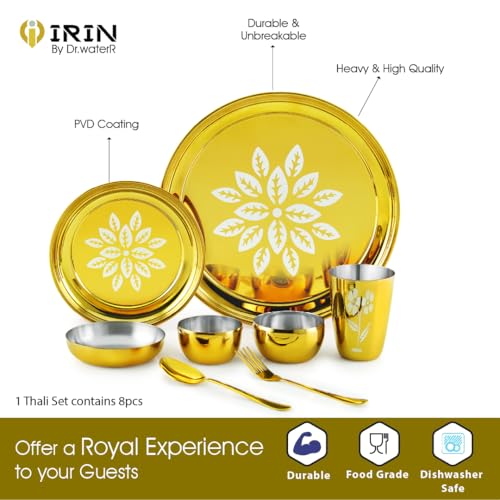 Image of iRiN by Dr.WaterR Parivar Stainless Steel Designer Dinner Set Gold PVD | Kitchen Set | Ideal for Home | Restaurant | Gifting | Wedding | Bowls, Plate, Glass, Spoon, Fork (Pack of 8pcs - for 1Person)