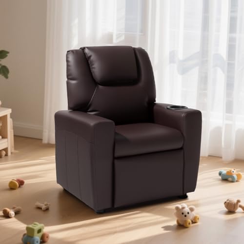 Image of VEVOR Kids Recliner, Toddler Recliner with Cup Holder, 101 to 121 Adjustable Backrest, Push Back PU Leather Kids Reclining Chair Couch with Footrest & 90 lbs Load, Ideal for Child Ages 1-6, Brown