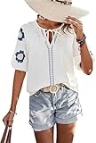 Pinclodly Blusa bordada mexicana para mujer, floral, manga corta, estilo bohemio, con lazo, cuello en V, blusa campesina, holgada, de verano, Tops bordados de albaricoque, S