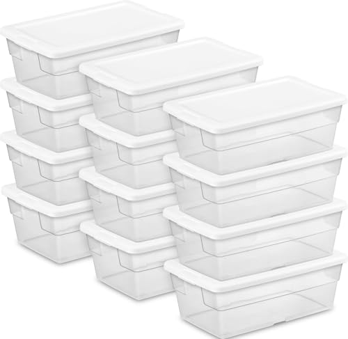 Sterilite 6 Quart Storage Box, Clear Plastic with White Snap Lid, 12 Pack